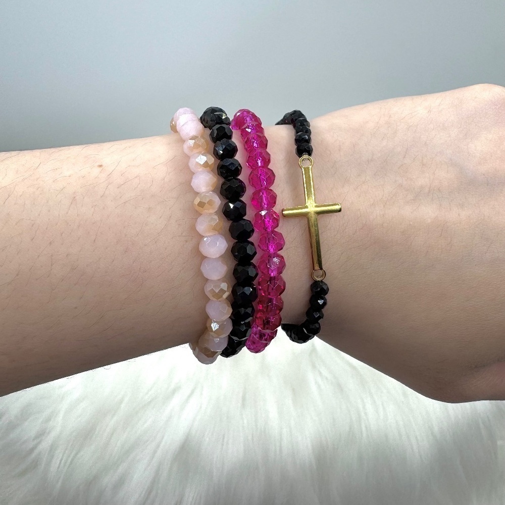 Stainless Steel Cross beaded Arm Candy Bracelet - Black Pink theme